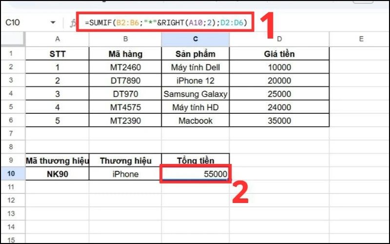 Sử dụng SUMIF cùng hàm RIGHT