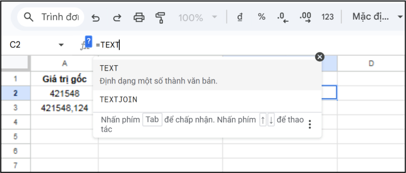 Nhập hàm TEXT trong Google Sheets để định dạng số thành văn bản
