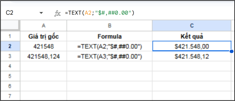 Áp dụng hàm TEXT để định dạng số tiền trong Google Sheets