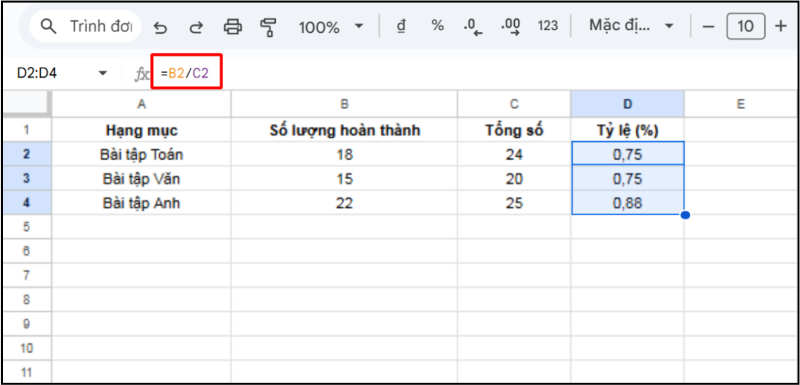 Tính phần trăm trong Google Sheets bằng phép chia