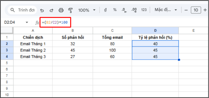Tính phần trăm trong Google Sheets bằng phép nhân