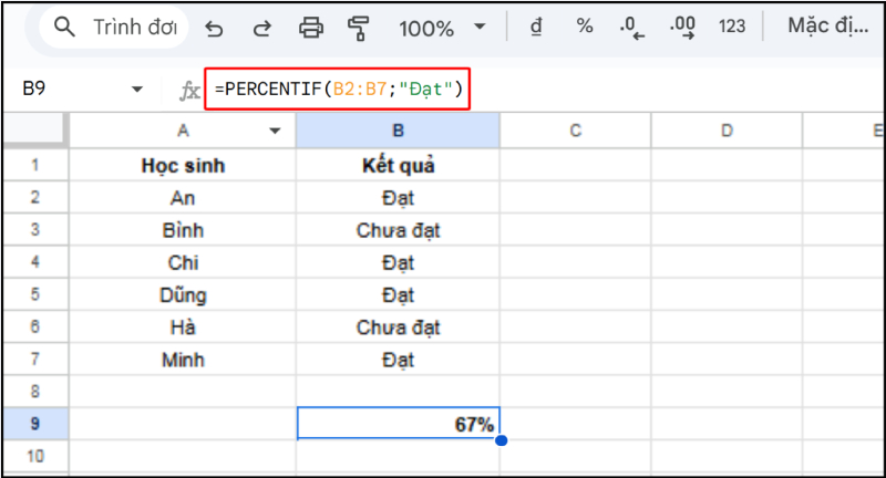 Dùng hàm PERCENTIF tính phần trăm trong Google Sheets