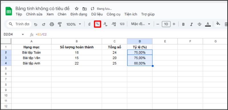 Dùng nút biểu tượng % trên thanh công cụ