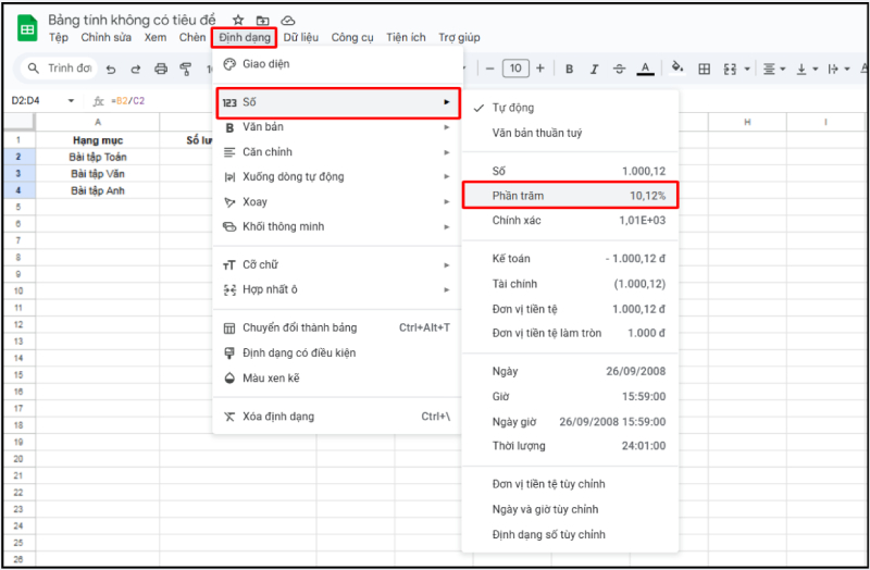 Dùng menu định dạng để định dạng phần trăm