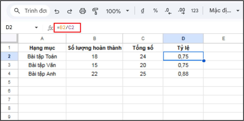 Tính phần trăm trong Google Sheets bằng phép chia
