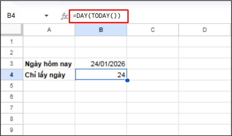 Dùng hàm DAY kết hợp TODAY để lấy ngày hiện tại