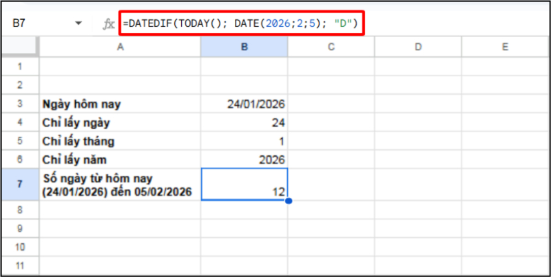 Hàm DATEDIF tính số ngày từ hôm nay đến một ngày xác định