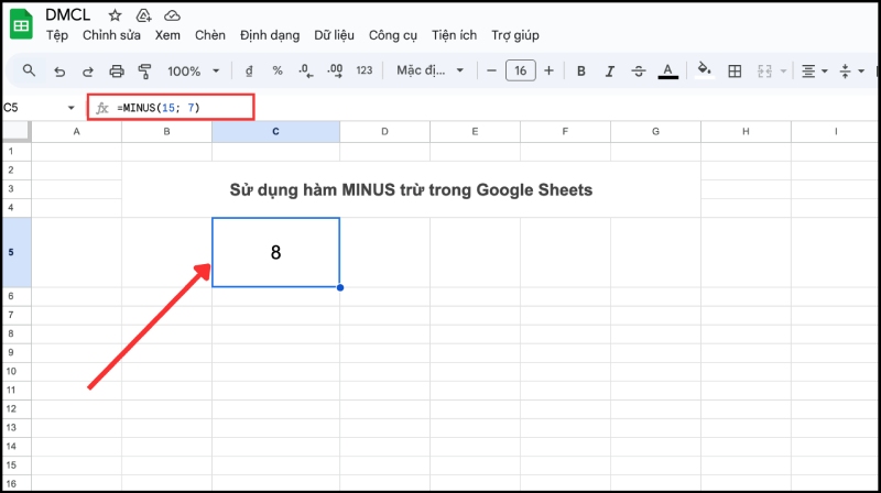 Sử dụng hàm MINUS trừ trong Google Sheets