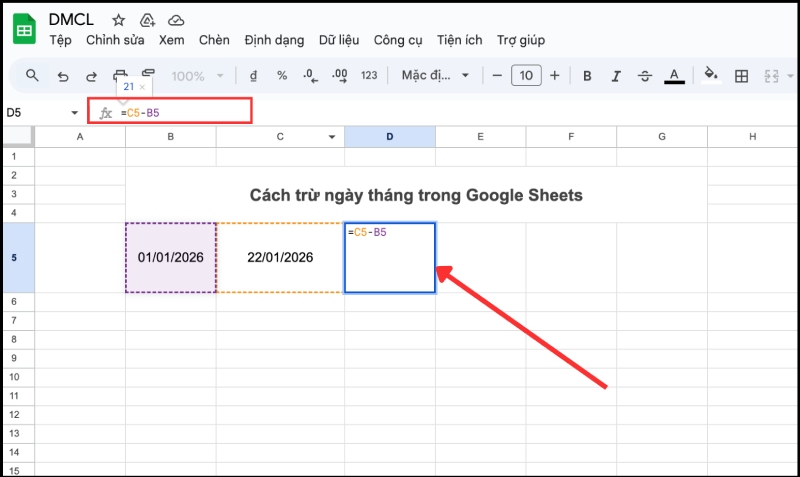 trừ ngày tháng trong Google Sheets