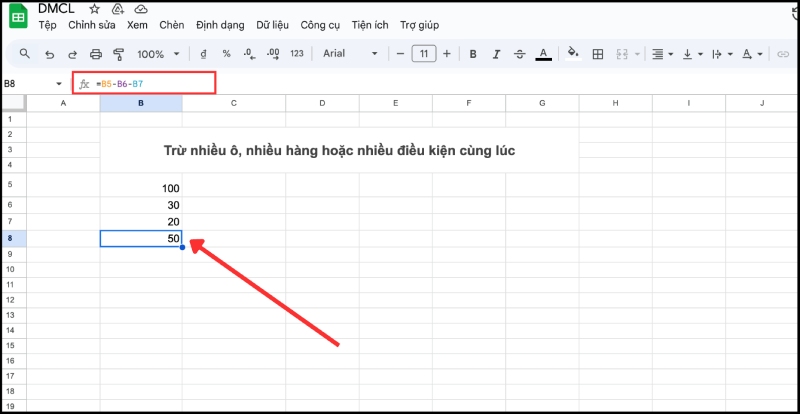 Ví dụ trừ nhiều ô dữ liệu trong Google Sheets