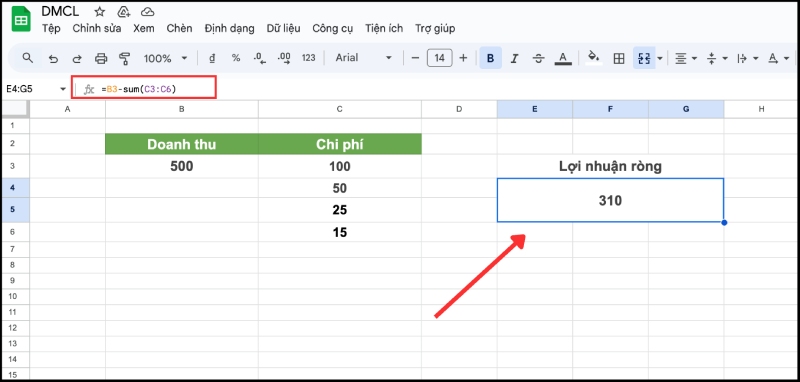 Kết hợp hàm SUM để trừ tổng giá trị