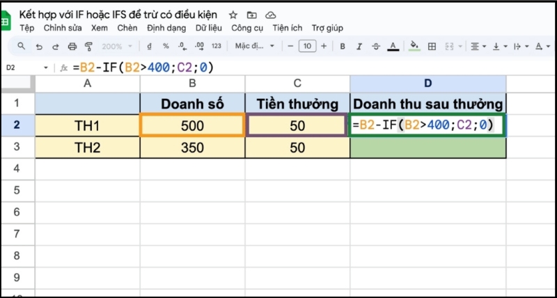 Kết hợp hàm IF hoặc IFS để thực hiện phép trừ có điều kiện
