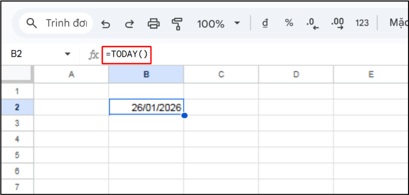 Dùng hàm TODAY trong Google Sheets để tự động hiển thị ngày hiện tại