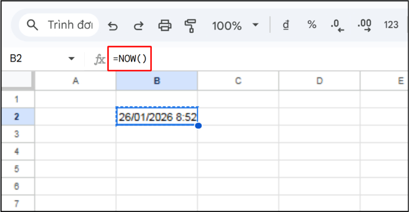 Hàm NOW trong Google Sheets hiển thị ngày và giờ hiện tại