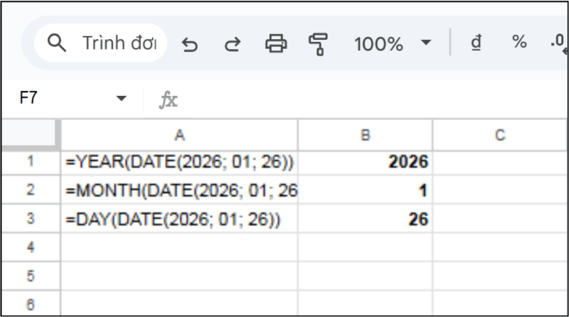 Các hàm YEAR, MONTH và DAY trong Google Sheets để tách năm tháng ngày
