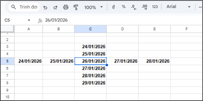 Cách kéo chuột để tự động tạo dãy ngày liên tiếp trong Google Sheets