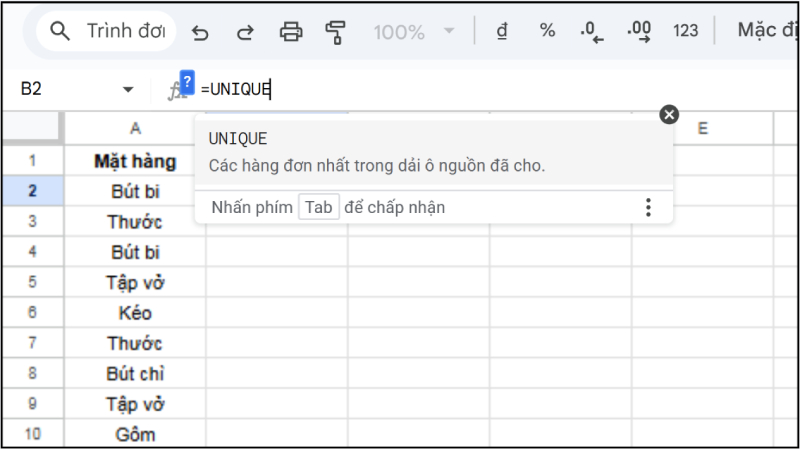 Nhập hàm =UNIQUE trong ô Google Sheets