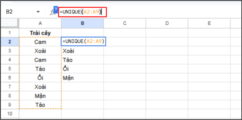 Dùng hàm =UNIQUE(A2:A9) để lấy giá trị không trùng