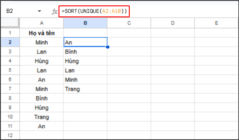 Kết hợp SORT và UNIQUE để sắp xếp danh sách không trùng