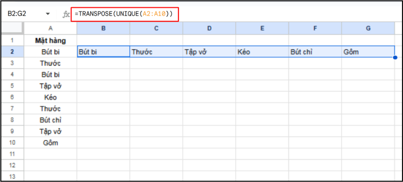 Dùng TRANSPOSE kết hợp UNIQUE để hiển thị theo hàng ngang