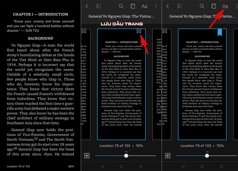 Kindle cho phép lưu dấu trang và tùy chỉnh kích thước văn bản, font chữ