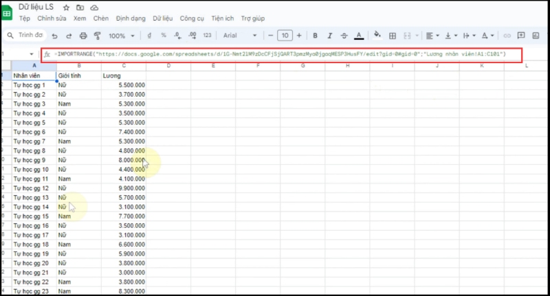 Lấy dữ liệu từ bảng tính khác bằng hàm IMPORTRANGE