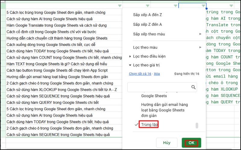 Chọn “Trùng lặp” để lọc
