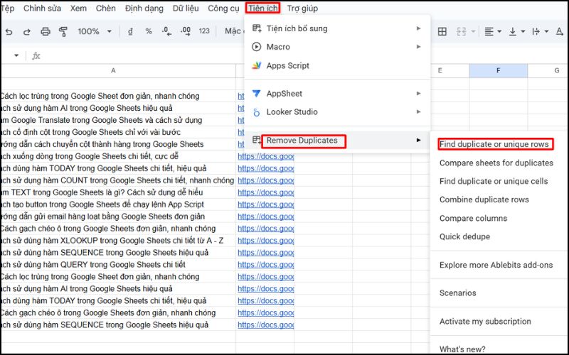 Chọn remove dulicates của tiện ích