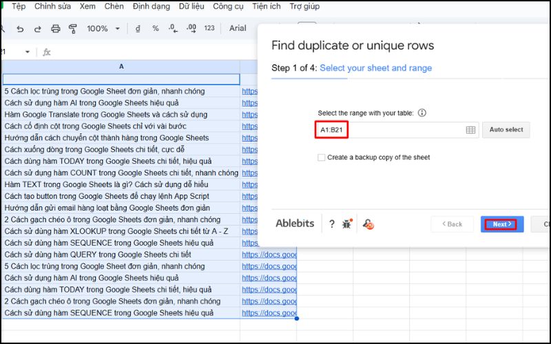 Chọn vùng dữ liệu cần kiểm tra