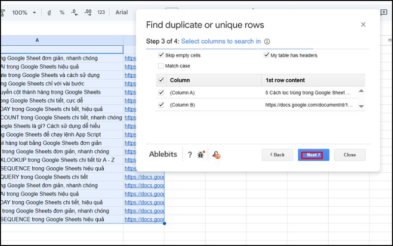 Chọn cột bạn muốn tìm dữ liệu bị trùng