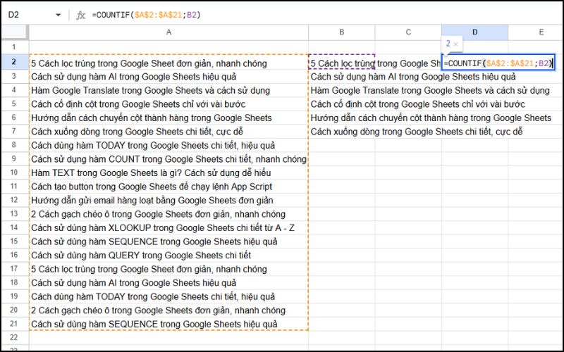 Nhập công thức để lọc trùng 2 cột