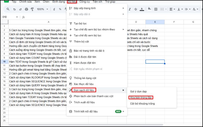 Dọn sạch dữ liệu → chọn Xóa bản trùng lặp