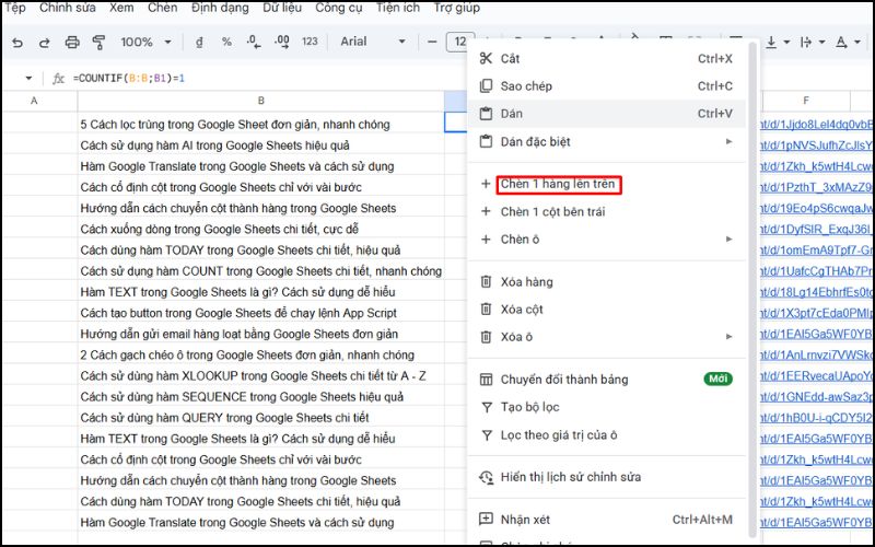 Chèn thêm một hàng lên trên