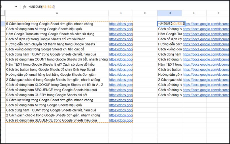 Danh sách mới sau khi dùng hàm UNIQUE
