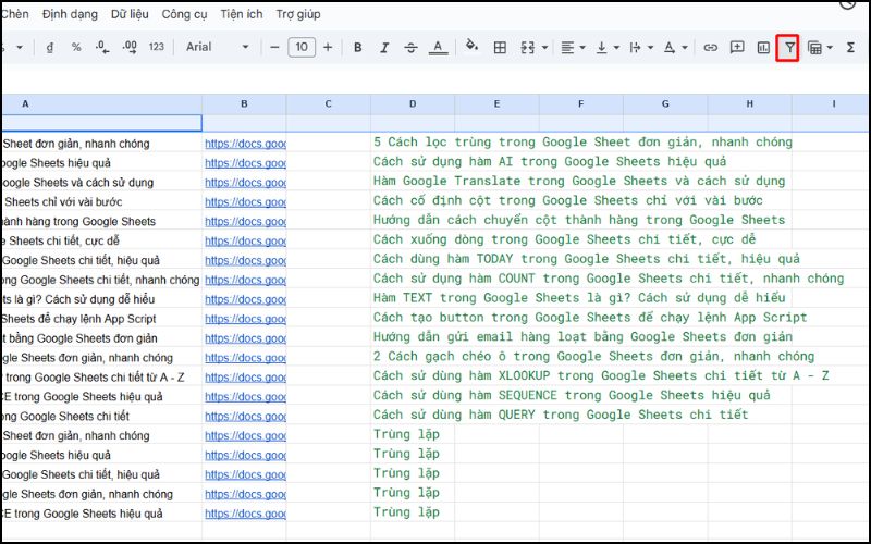 Tạo bộ lọc để bật chức năng lọc