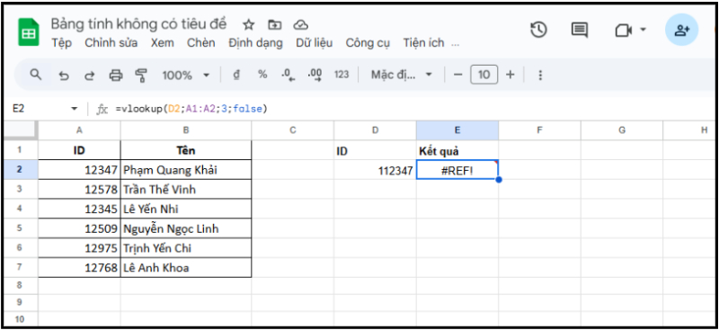 Lỗi #REF! do dùng hàm VLOOKUP