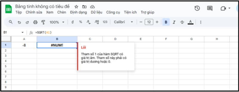 Lỗi #NUM! do tính căn bậc hai của một số âm