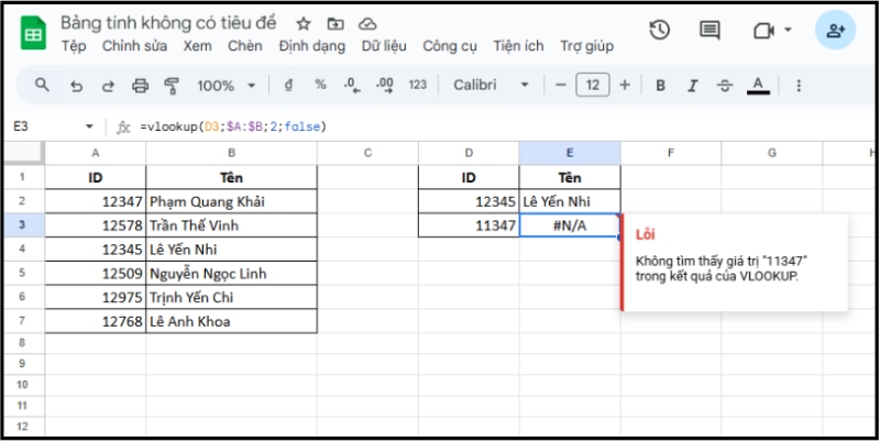 Lỗi #N/A khi không tìm thấy giá trị “11347”