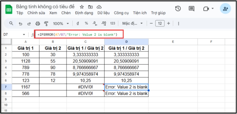 Kết quả trả về là "Error: Value 2 is blank" thay vì lỗi #DIV/0