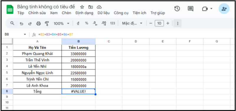 Lỗi #VALUE! vì trong phép tính tổng có dữ liệu văn bản