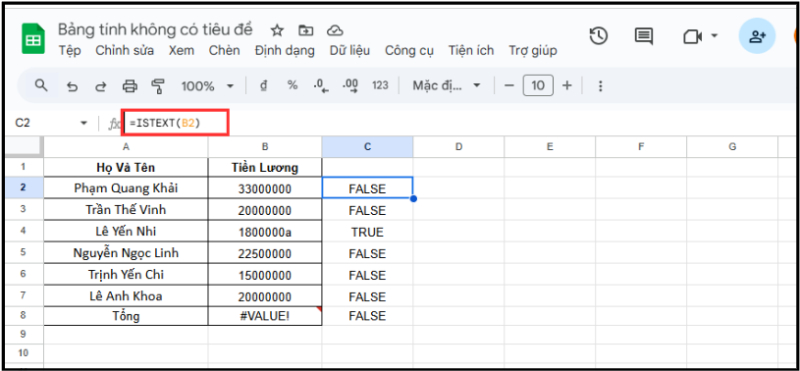 Dùng hàm ISTEXT kiểm tra xem các ô có ô nào là ô văn bản không