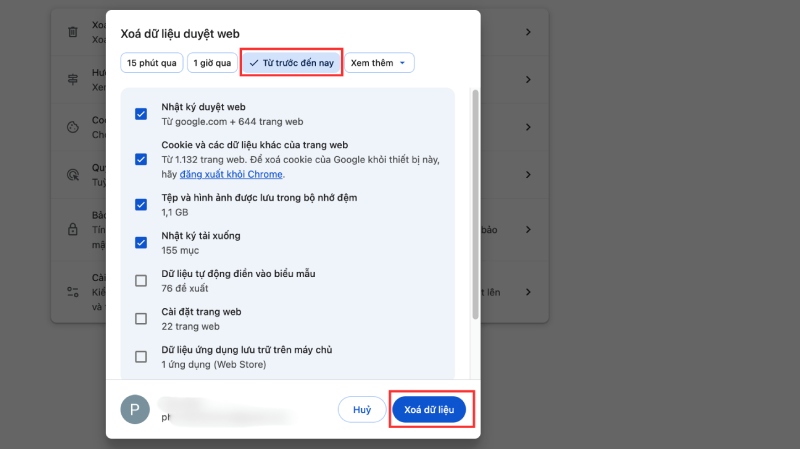 Xóa dữ liệu để hoàn tất quá trình