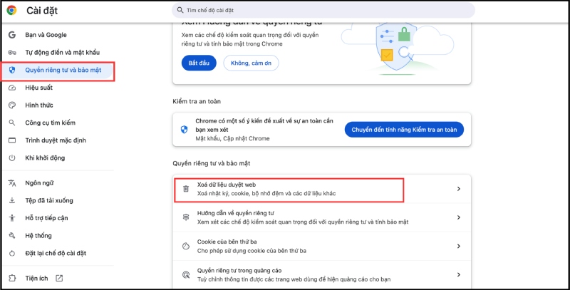Vào Quyền riêng tư và bảo mật, chọn Xóa dữ liệu duyệt web