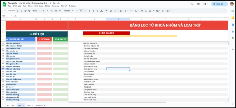 Mẫu bảng tính lọc dữ liệu theo khóa nhóm và loại trừ