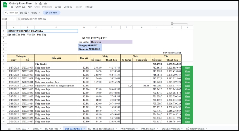 Mẫu Google Sheets dùng để quản lý kho rõ ràng, hiệu quả