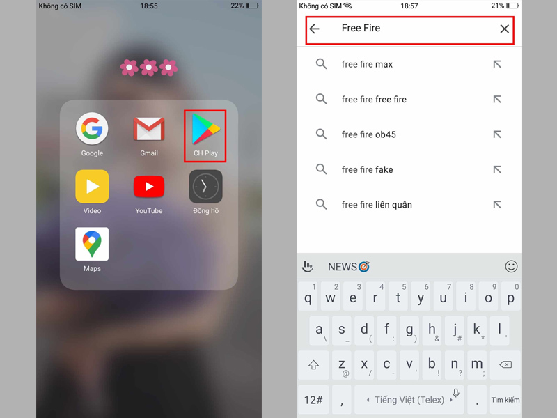 Mở ứng dụng CHPlay và gõ từ khóa Free Fire trên thanh tìm kiếm