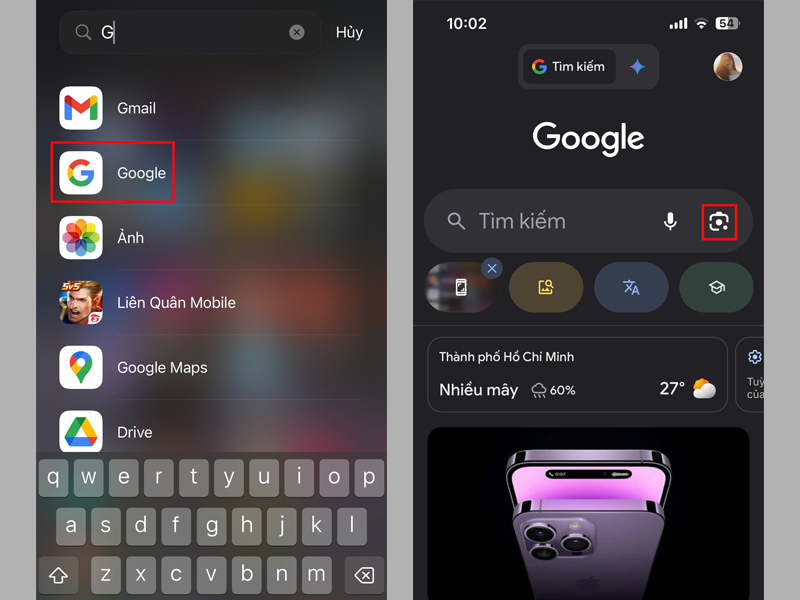 Mở ứng dụng Google trên điện thoại và nhấn vào biểu tượng Google Lens