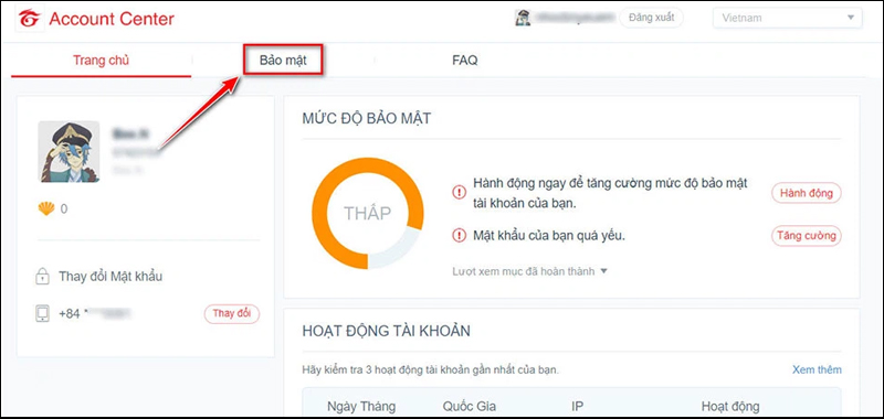 Người dùng nhấn vào mục Bảo mục tại giao diện trang chủ Garena