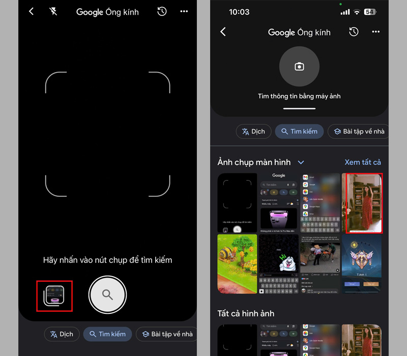 Nhấn vào biểu tượng ô vuông, sau đó chọn ảnh cần tìm kiếm từ thiết bị
