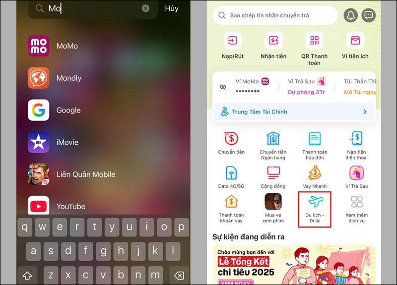 Tại giao diện trang chủ MoMo, nhấn vào mục Du lịch - Đi lại